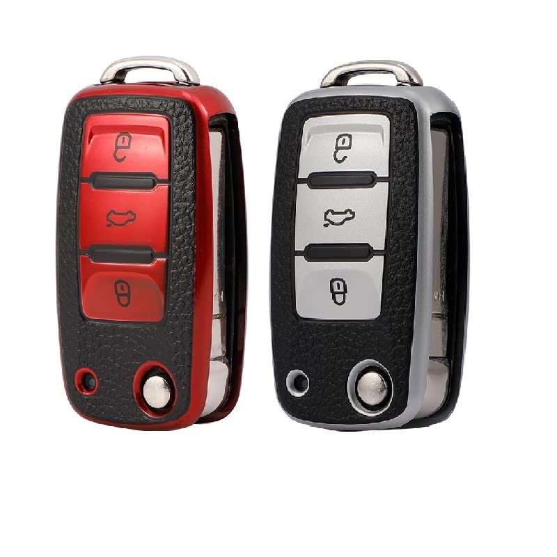KMH - TPU Leather Pattern Key Cover Compatible for Volkswagen Polo Vento Jetta Ameo Passat and Skoda Rapid Laura Superb Octavia Fabia Yeti Smart Key (Pack of 2,Red-Silver)-TPU LEATHER KEY COVER-KMH-CARPLUS